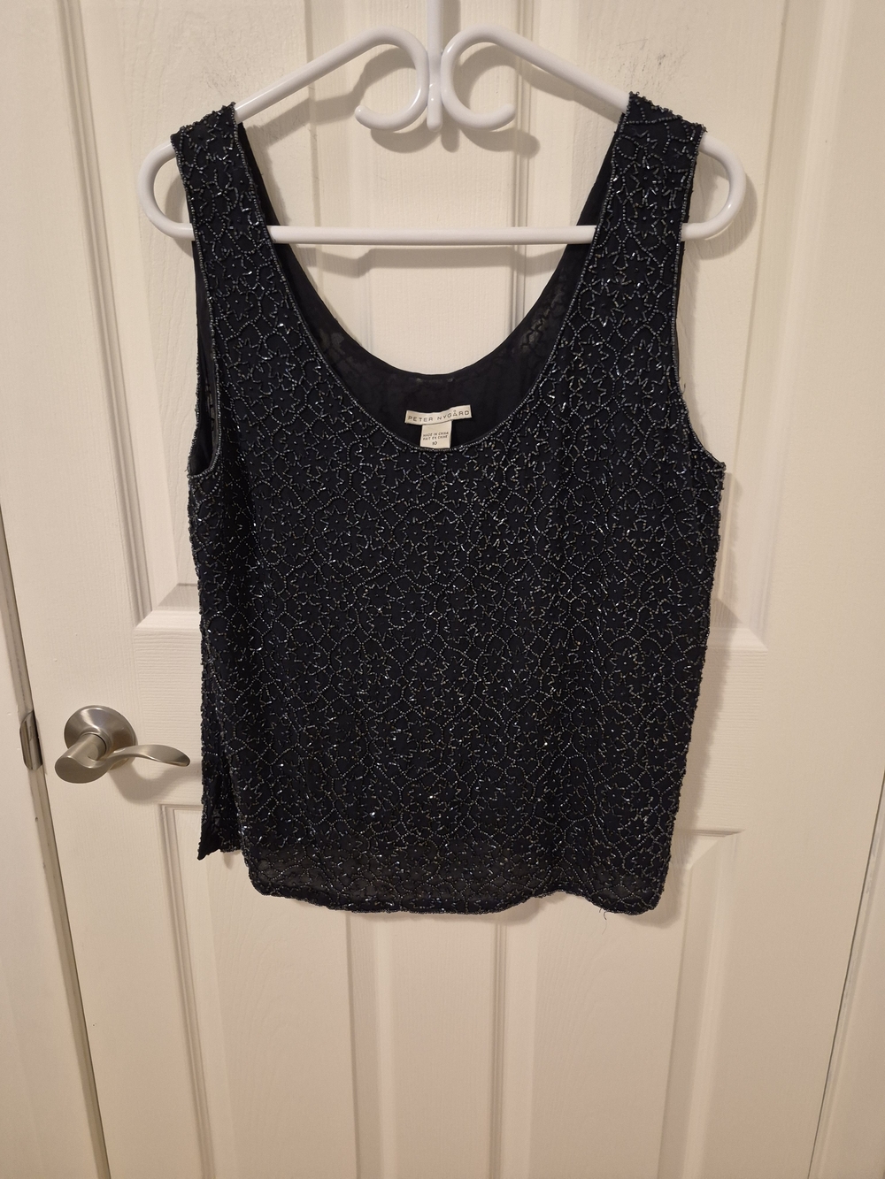 Peter Nygard Navy Beaded 100% Silk Scoop  Tank Top
